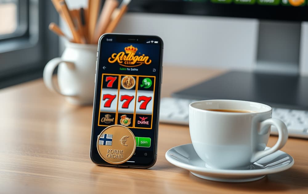 En smarttelefon som viser en spilleautomat med norske kroner og en kaffekopp ved siden av.